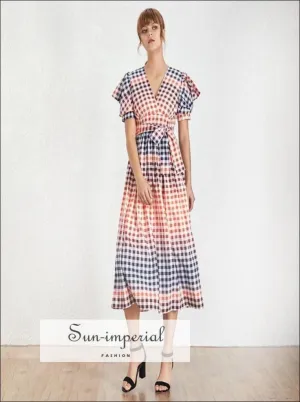 Linda Dress - Vintage Plaid Colorful Maxi Dress V Neck Puff Short Sleeve Dress
